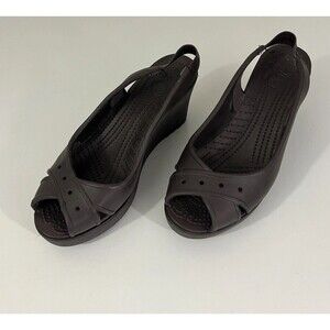 Crocs Brown Farrah Wedge Heel Slip On Size 8 Sling Back Peep Toe